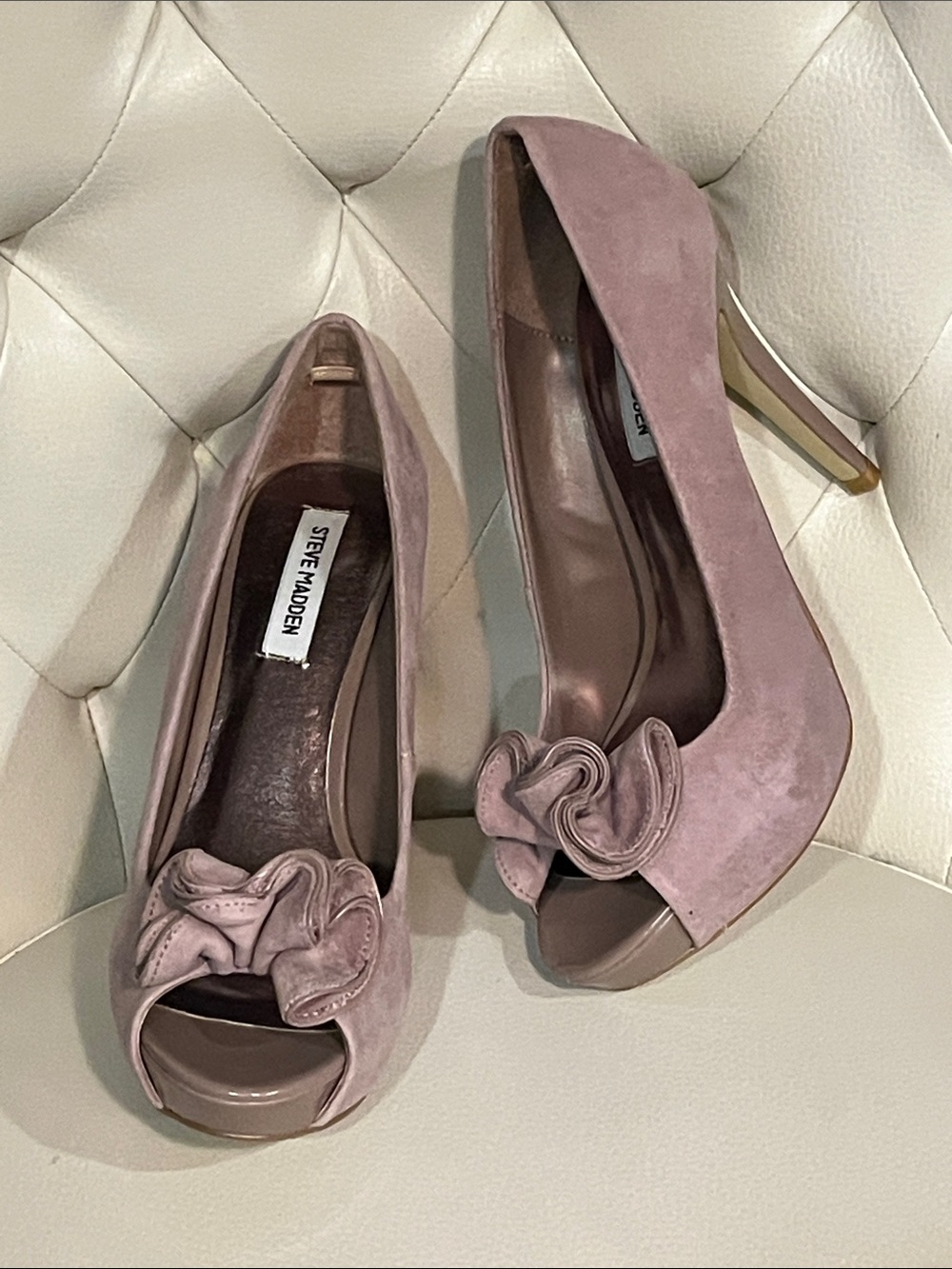Steve Madden Tan Taupe Suede Peep-Toe platform Heels Bow Size 8.5 Eye Catching
